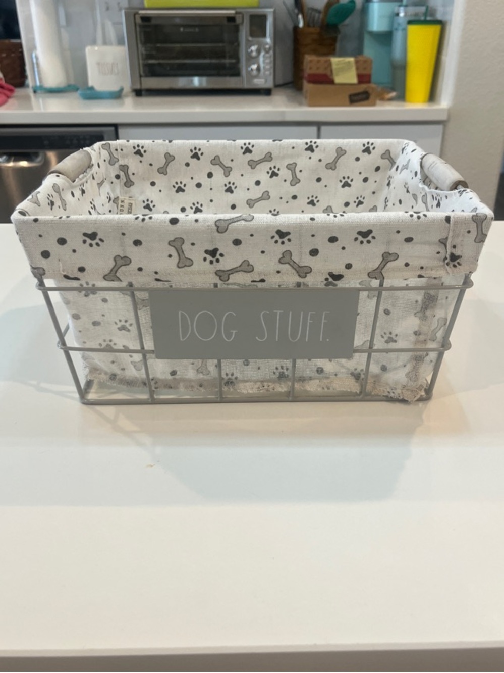 Rae Dunn Gray Wire Basket with Paw Print Liner "DOG STUFF"